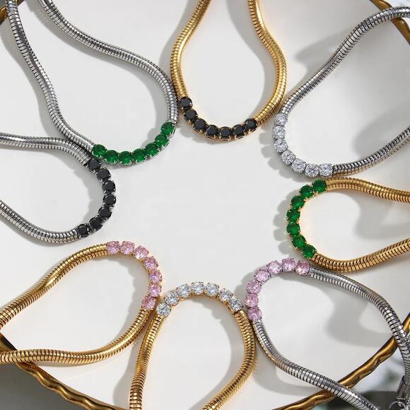 Emerald Green Zircon Snake chain Bracelet 18K Gold Plated Stainless Steel - Picture 8 of 9